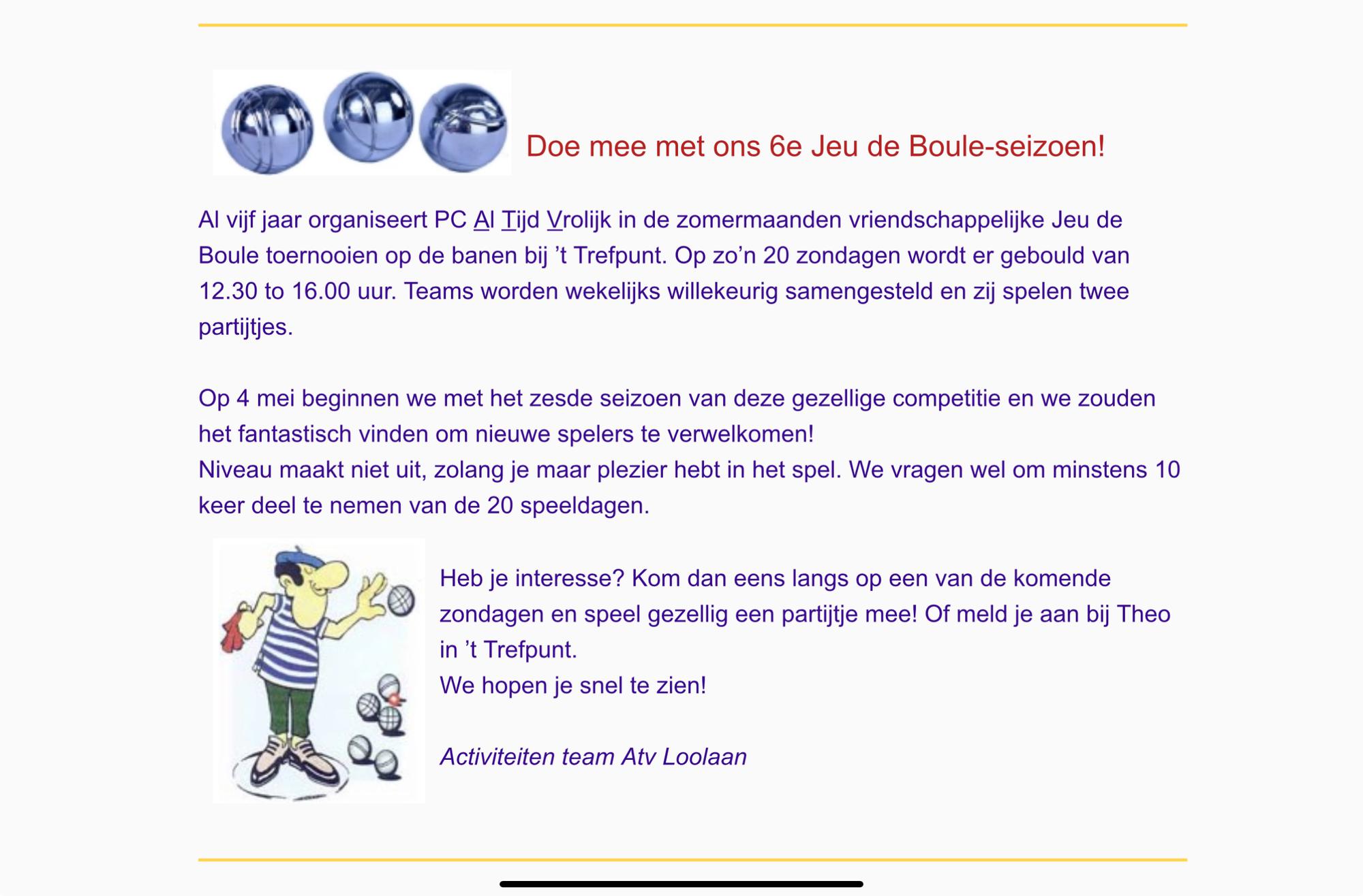 Doe mee met ons 6e Jeu de Boule-seizoen!
